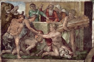 Plafond de la Chapelle Sixtine (1508-12) : Le Sacrifice de Noé (avant restauration) - Michelangelo Buonarroti